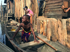 Makoko, a " Floating Slum " or shanty town on stilts in the center of Lagos